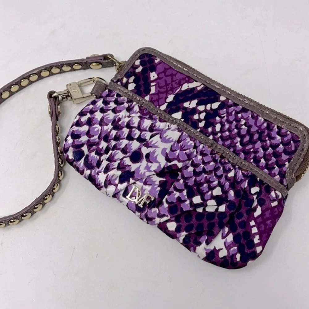 Diane Von Furstenburg Wristlet Wallet Purple Nylon Snake Pattern Stud Leather